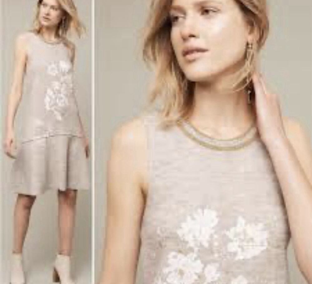 Anthropologie Knitted And Knotted Gray Gold Floral Wool Peplum Dress M